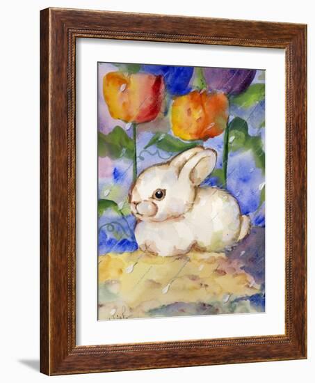 Lonely WHite Bunny Rabbit in the Tulips & Rain-sylvia pimental-Framed Art Print