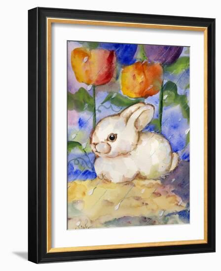 Lonely WHite Bunny Rabbit in the Tulips & Rain-sylvia pimental-Framed Art Print