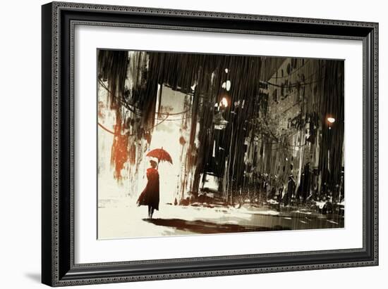 Lonely Woman with Umbrella in Abandoned City,Digital Painting,Illustration-Tithi Luadthong-Framed Art Print
