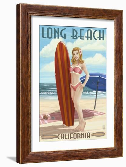 Long Beach, California - Pinup Surfer Girl-Lantern Press-Framed Art Print