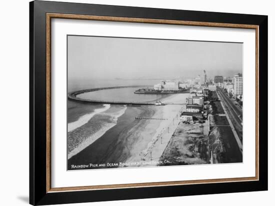 Long Beach, California Rainbow Pier and Ocean Blvd. Photograph - Long Beach, CA-Lantern Press-Framed Premium Giclee Print