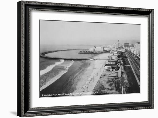 Long Beach, California Rainbow Pier and Ocean Blvd. Photograph - Long Beach, CA-Lantern Press-Framed Premium Giclee Print