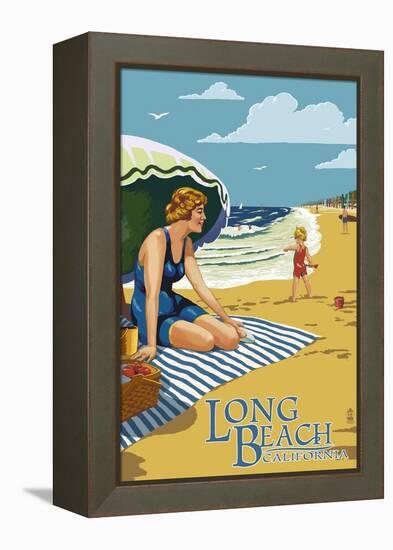 Long Beach, California - Woman on the Beach-Lantern Press-Framed Stretched Canvas