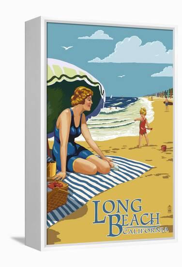 Long Beach, California - Woman on the Beach-Lantern Press-Framed Stretched Canvas