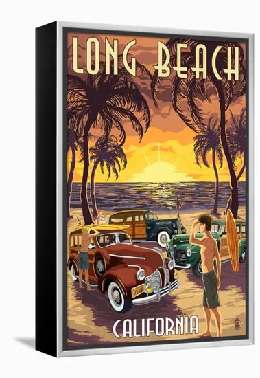 Long Beach, California - Woodies and Sunset-Lantern Press-Framed Stretched Canvas