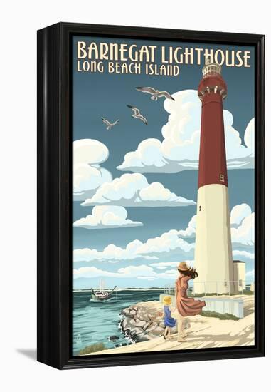 Long Beach Island - Barnegat Lighthouse-Lantern Press-Framed Stretched Canvas