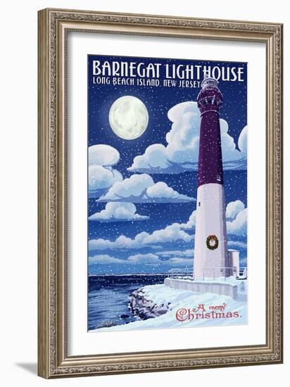 Long Beach Island, New Jersey - Barnegat Lighthouse Christmas Scene-Lantern Press-Framed Art Print