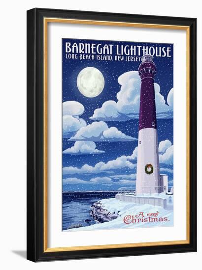 Long Beach Island, New Jersey - Barnegat Lighthouse Christmas Scene-Lantern Press-Framed Art Print