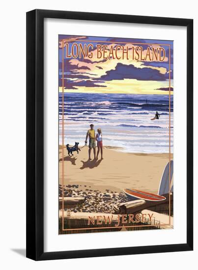 Long Beach Island, New Jersey - Beach Walk and Surfers-Lantern Press-Framed Art Print