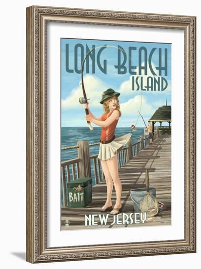 Long Beach Island, New Jersey - Fishing Pinup Girl-Lantern Press-Framed Art Print