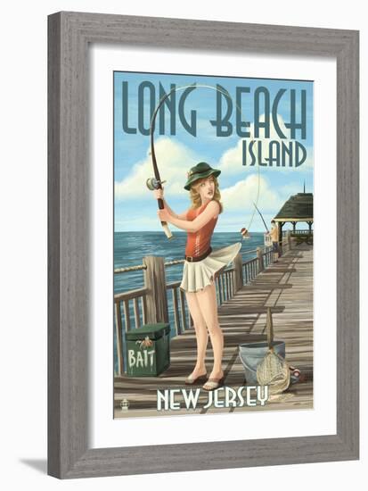 Long Beach Island, New Jersey - Fishing Pinup Girl-Lantern Press-Framed Art Print