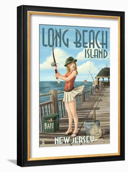 Long Beach Island, New Jersey - Fishing Pinup Girl-Lantern Press-Framed Art Print