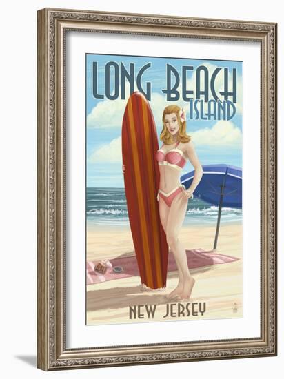 Long Beach Island, New Jersey - Pinup Surfer Girl-Lantern Press-Framed Art Print