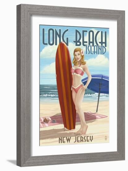 Long Beach Island, New Jersey - Pinup Surfer Girl-Lantern Press-Framed Art Print