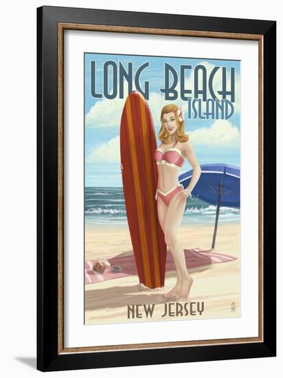 Long Beach Island, New Jersey - Pinup Surfer Girl-Lantern Press-Framed Art Print
