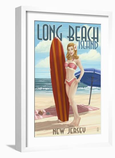 Long Beach Island, New Jersey - Pinup Surfer Girl-Lantern Press-Framed Art Print