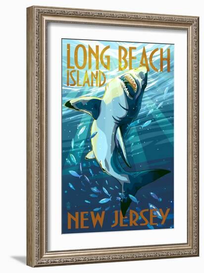 Long Beach Island, New Jersey - Stylized Shark-Lantern Press-Framed Premium Giclee Print