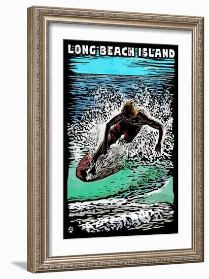 Long Beach Island - Scratchboard Surfer-Lantern Press-Framed Art Print