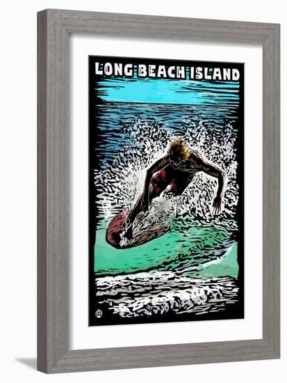 Long Beach Island - Scratchboard Surfer-Lantern Press-Framed Art Print