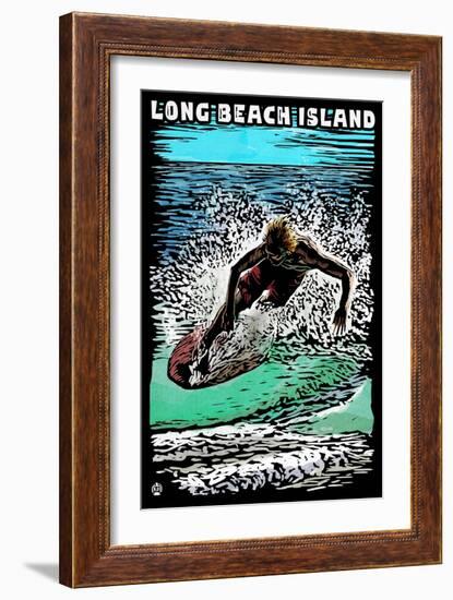 Long Beach Island - Scratchboard Surfer-Lantern Press-Framed Art Print