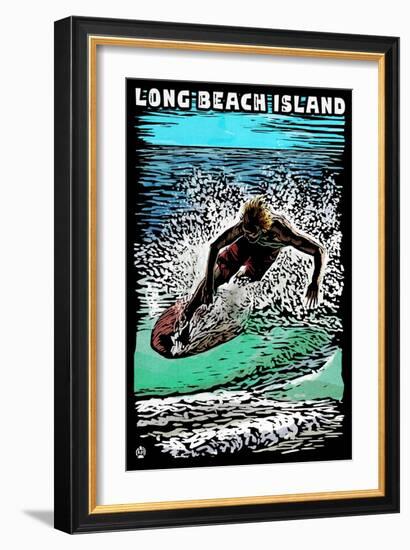 Long Beach Island - Scratchboard Surfer-Lantern Press-Framed Art Print