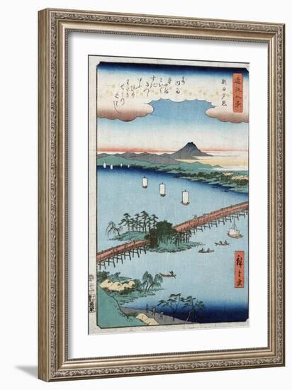 Long Bridge and Boats on a River, Japanese Wood-Cut Print-Lantern Press-Framed Art Print