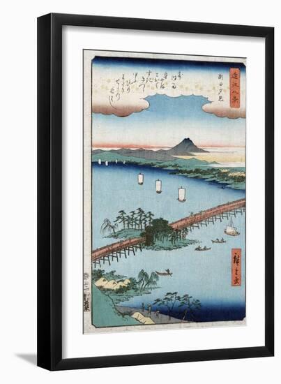 Long Bridge and Boats on a River, Japanese Wood-Cut Print-Lantern Press-Framed Art Print