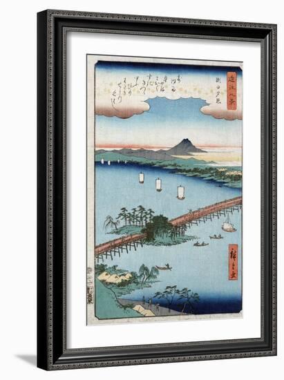 Long Bridge and Boats on a River, Japanese Wood-Cut Print-Lantern Press-Framed Art Print