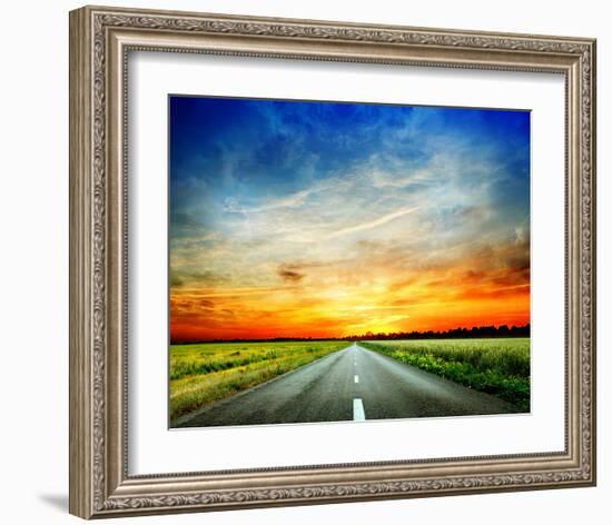 Long Country Road to Sunset-null-Framed Art Print