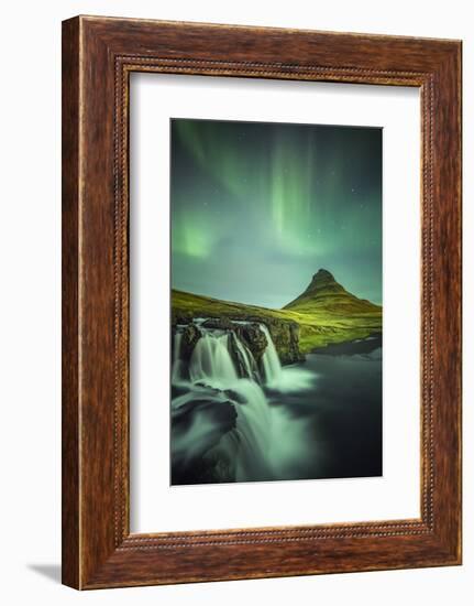 Long exposure landscape with waterfalls and aurora borealis above Kirkjufell Mountain, Snaefellsnes-ClickAlps-Framed Photographic Print