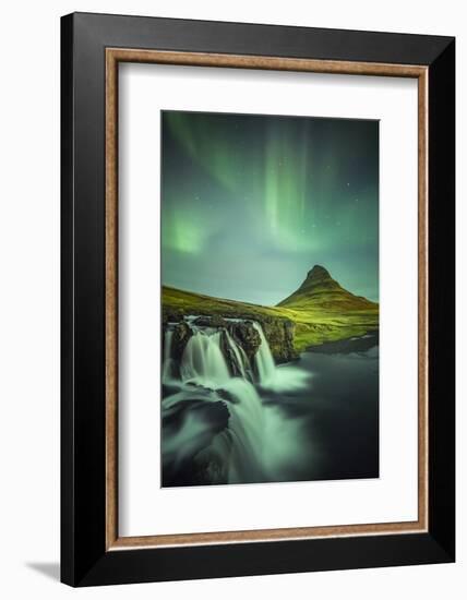 Long exposure landscape with waterfalls and aurora borealis above Kirkjufell Mountain, Snaefellsnes-ClickAlps-Framed Photographic Print