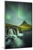 Long exposure landscape with waterfalls and aurora borealis above Kirkjufell Mountain, Snaefellsnes-ClickAlps-Mounted Photographic Print
