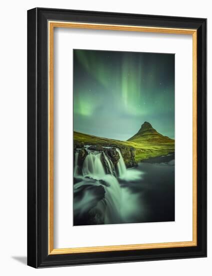 Long exposure landscape with waterfalls and aurora borealis above Kirkjufell Mountain, Snaefellsnes-ClickAlps-Framed Photographic Print