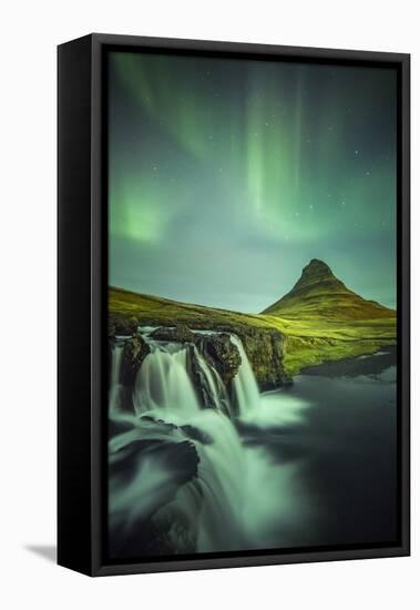 Long exposure landscape with waterfalls and aurora borealis above Kirkjufell Mountain, Snaefellsnes-ClickAlps-Framed Premier Image Canvas