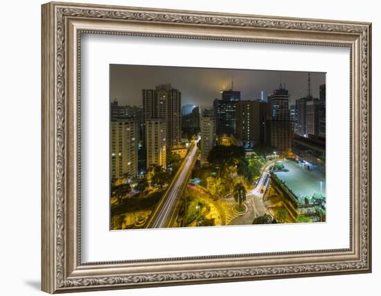 Long exposure night photography during a foggy night in downtown Sao Paulo, Brazil.-James White-Framed Photographic Print