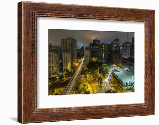 Long exposure night photography during a foggy night in downtown Sao Paulo, Brazil.-James White-Framed Photographic Print