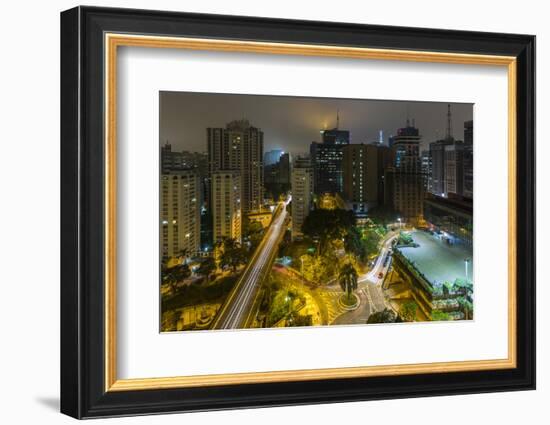 Long exposure night photography during a foggy night in downtown Sao Paulo, Brazil.-James White-Framed Photographic Print