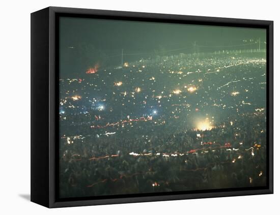 Long Exposure of Huge Night Time Crowd, Showing Lights All Over, Woodstock Music and Art Fair-John Dominis-Framed Premier Image Canvas