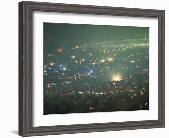 Long Exposure of Huge Night Time Crowd, Showing Lights All Over, Woodstock Music and Art Fair-John Dominis-Framed Photographic Print