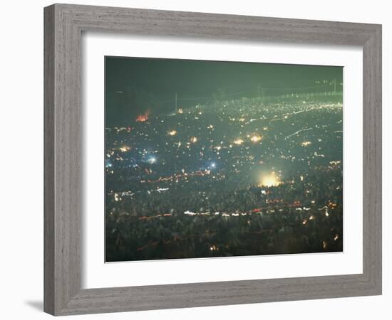 Long Exposure of Huge Night Time Crowd, Showing Lights All Over, Woodstock Music and Art Fair-John Dominis-Framed Photographic Print