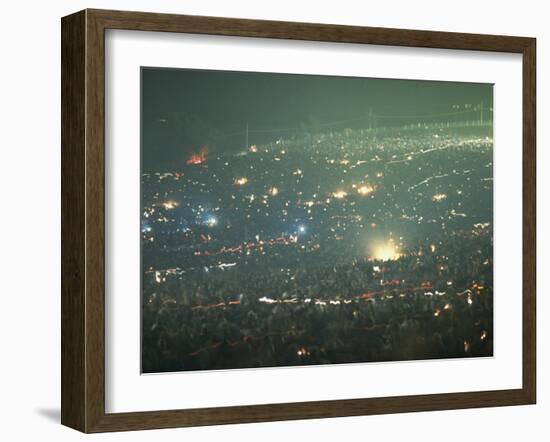 Long Exposure of Huge Night Time Crowd, Showing Lights All Over, Woodstock Music and Art Fair-John Dominis-Framed Photographic Print