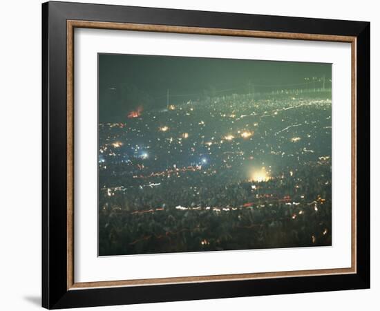 Long Exposure of Huge Night Time Crowd, Showing Lights All Over, Woodstock Music and Art Fair-John Dominis-Framed Photographic Print