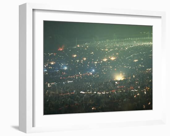 Long Exposure of Huge Night Time Crowd, Showing Lights All Over, Woodstock Music and Art Fair-John Dominis-Framed Photographic Print