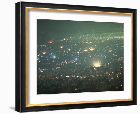 Long Exposure of Huge Night Time Crowd, Showing Lights All Over, Woodstock Music and Art Fair-John Dominis-Framed Photographic Print