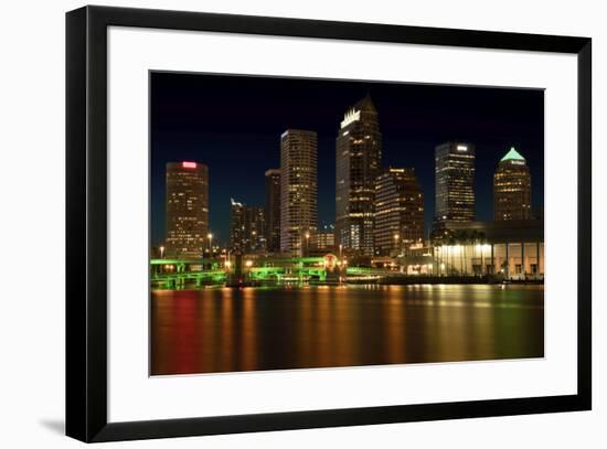 Long exposure of the skyline of Tampa at night along the Hillsborough River-Sheila Haddad-Framed Photographic Print