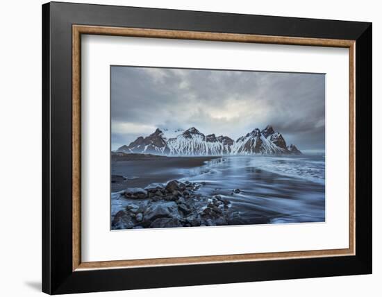 Long Exposure on Vestrahorn on Iceland with Gloomy Clouds Atmosphere and Water, Long Exposure-Niki Haselwanter-Framed Photographic Print