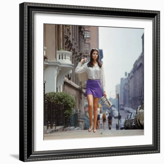 Long Hair Woman with short skirt, lace top and sandals walking up street in "New York Look" fashion-Vernon Merritt III-Framed Photographic Print