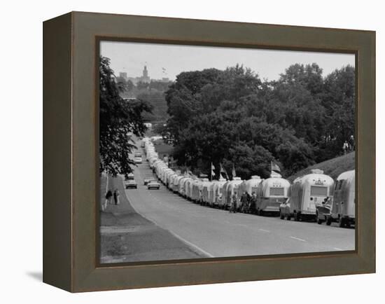 Long Line of Airstream Trailers Wait for Parking Space at a Campground During a Trailer Rally-Ralph Crane-Framed Premier Image Canvas