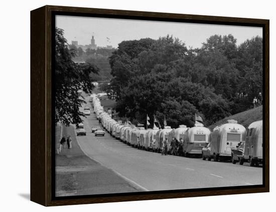 Long Line of Airstream Trailers Wait for Parking Space at a Campground During a Trailer Rally-Ralph Crane-Framed Premier Image Canvas