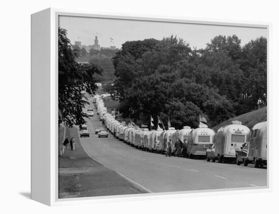 Long Line of Airstream Trailers Wait for Parking Space at a Campground During a Trailer Rally-Ralph Crane-Framed Premier Image Canvas